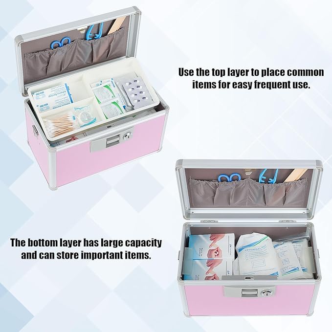 xydstay Medicine Lock Box,First Aid Safe Medication Storage Box,Layered Aluminum Daily Medicine Cabinet Family Use,12.2" x 7.9" x 7.5", Pink
