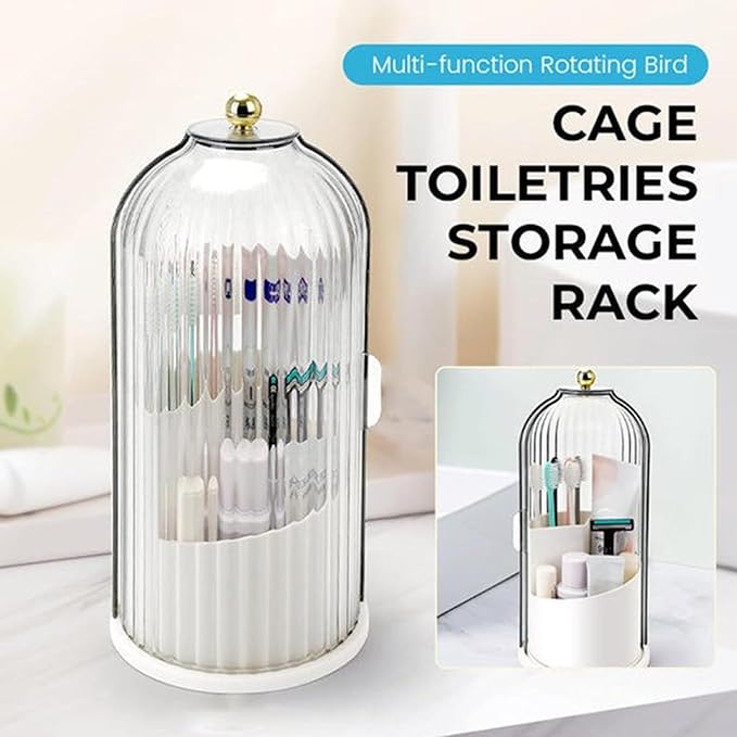 Multi-function Rotating Bird Cage Toiletries Storage Rack ?€? Storage Box, Makeup Holder | Covered Transparent Brush Organizer, 360 Rotating Design for Vanity Tables, Desktops, Bathroom Countertops