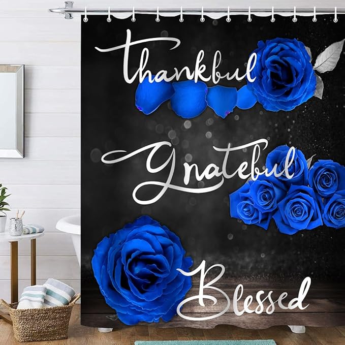 Onalasyc 4Pcs Blue Rose Shower Curtain Set with Rugs Waterproof Bathroom Sets with Shower Curtain and Rugs Romantic Rose Floral, Thankful Grateful Blessed Bathroom Curtains Shower Set,with 12 Hooks