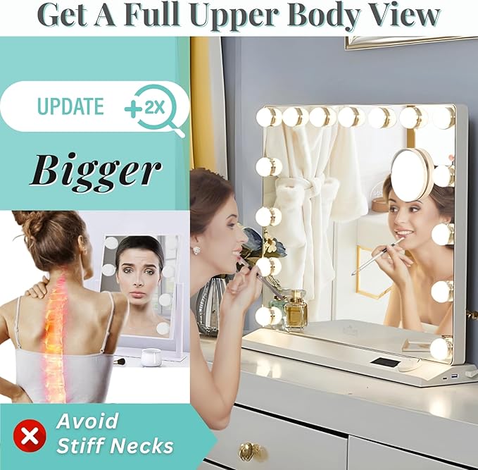 LUXFURNI Vanity Mirror with Lights, Makeup Mirrors Hollywood Mirror with 15 LED Bulbs, 3 Colors Modes & Adjustable Brightness, 10x Magnification, USB Charging