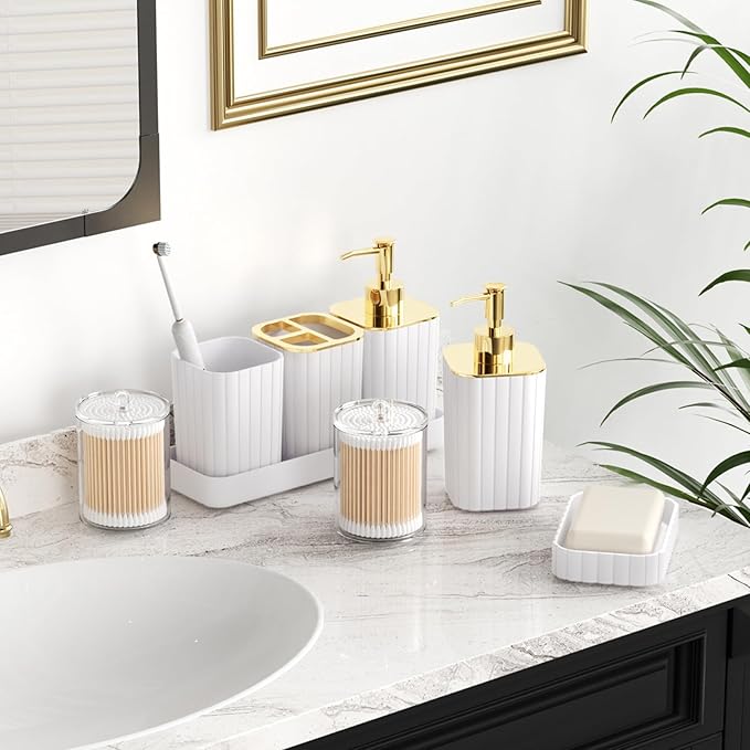XLHOMO Bathroom Accessories Set - Gorgeous Bathroom Set, 10PC White Bathroom Accessory Set, Toilet Brush, Trash Can, Qtip Holder Dispenser & Soap Dispenser