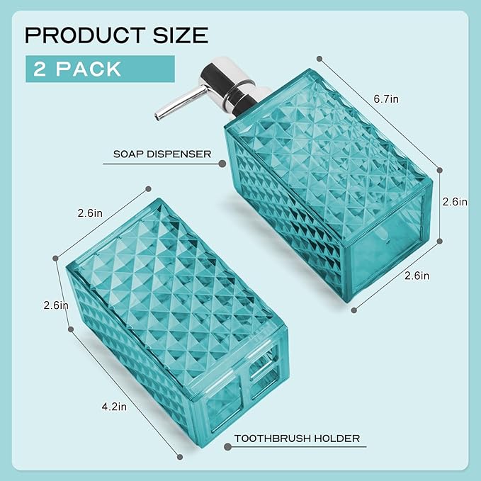 Bathroom Accessories Set 2 PCS, Teal Blue Bathroom Accessories Include Soap Dispenser and Toothbrush Holder, Diamond Pattern Bathroom Set for Boho Bathroom Decor