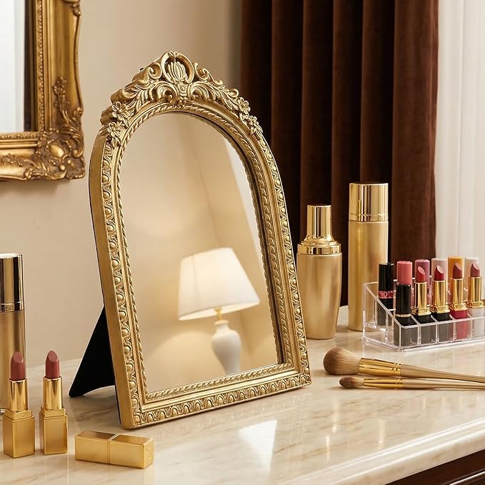 Vintage Gold Mirror for Desk, 10" x 7" Ornate Tabletop Vanity Mirror, Antique Style Decorative Small Mirror for Bedroom Dresser, Baroque Metal Frame Aesthetic Room Decor