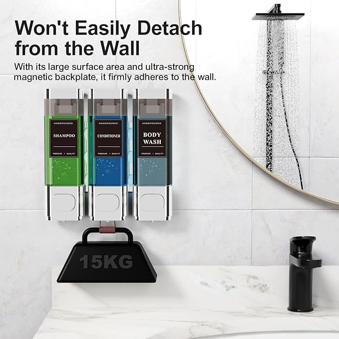 Shampoo and Conditioner Dispenser – Wall-Mounted Shower Soap Dispenser, No-Drill Installation, Lockable, 900 ml Capacity,for Bathroom & Hotel or Airbnb (Electroplated Silver, 3-Pack)