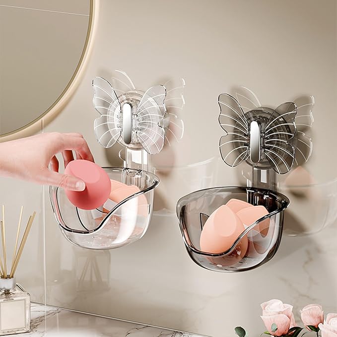 Self Adhesive Shower Shelves, Makeup Sponge Holder, Clear Shower Shelves Bottom Equipped with Drainage Holes and Powerful Butterfly Pressure Suction Cups, Adhesive Bathroom Shelves (transparent)