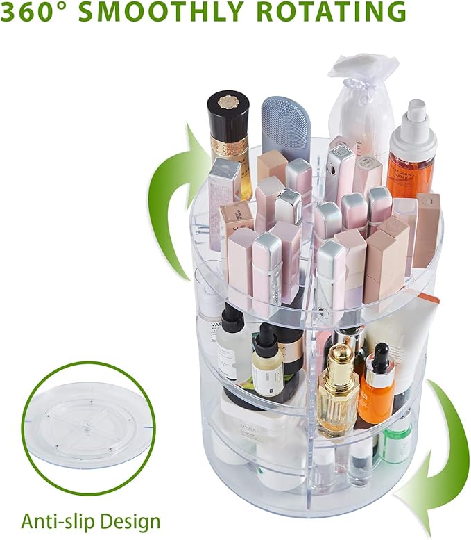 DOZZZ 360 Rotating Makeup Organizer with DIY Adjustable Layers, Spinning Skincare Perfume Cosmetic Organizer with Brush Holder, Round Carousel Storage Display Case for Bathroom Countertop Vanity Clear