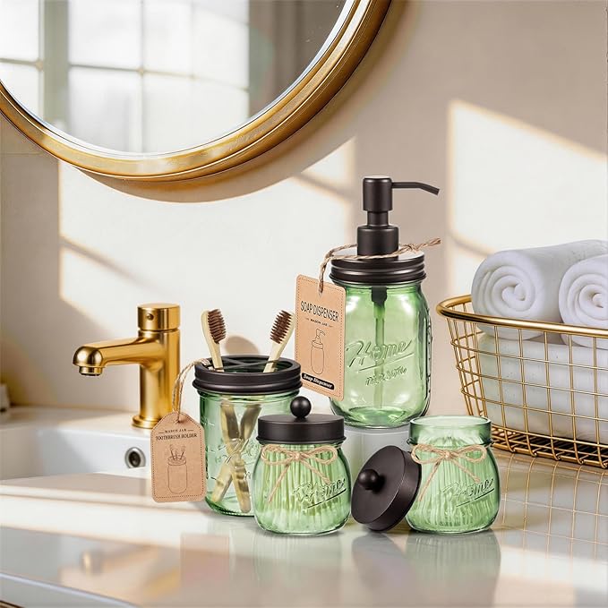 Amolliar Mason Jar Bathroom Accessories Set, 4 Pcs Green Glass Bathroom Set-Lotion Soap Dispenser, 2 Qtip Holders, Toothbrush Holder, Rustic Farmhouse Decor, Bathroom Home Decor For Countertop(Bronze)