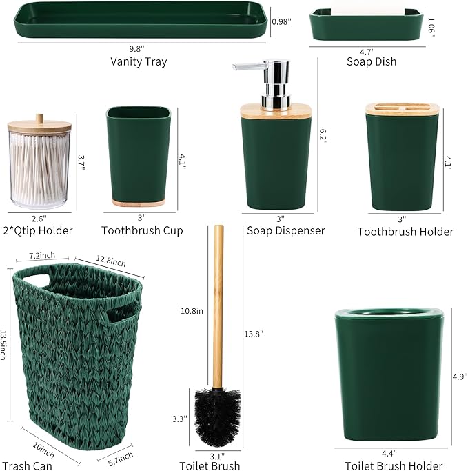 XLHOMO Dark Green Bathroom Accessories Set with Wicker Trash Can, Dark Green Bathroom Accessories Set Bathroom Sets Small Waste Basket Bathroom Trash Can for Bedroom Bathroom