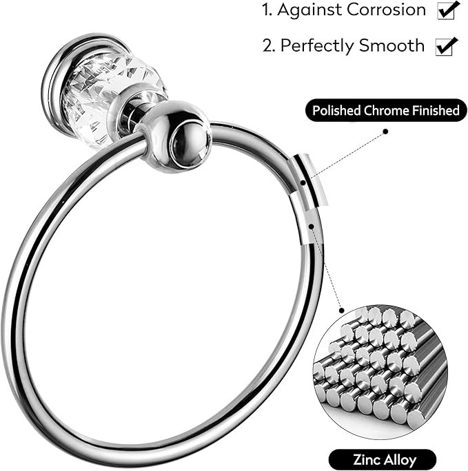 WINCASE Chrome Towel Ring, Bath Hand Towel Holder Crystal, Silver Towel Rack Wall Mounted