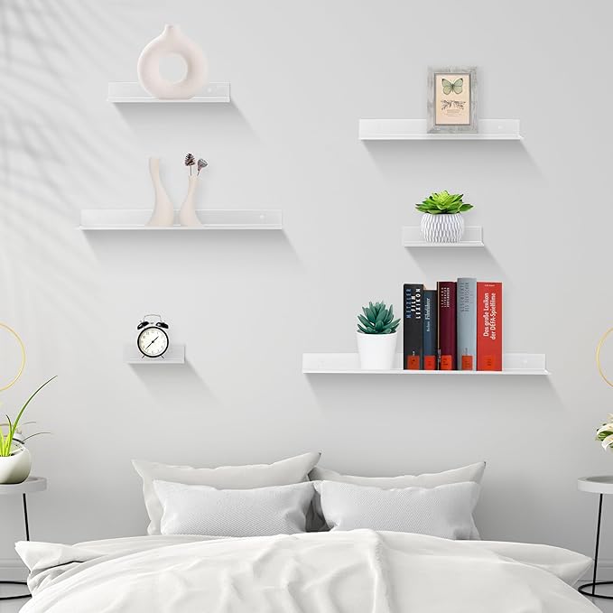 Z metnal White Wall Shelves, Small Corner Floating Bathroom Shelf, Lack Slim Metal Decor Display Modern Long Shelves for Action Figure Collection, Wall Mounted, Rustic, 16 x 5 inch, 2 Pack
