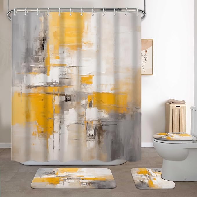 Lnond 4Pcs Bathroom Shower Curtain Sets with Rugs,Yellow Grey Ombre Bathroom Sets with Shower Curtain and Rugs and Accessories