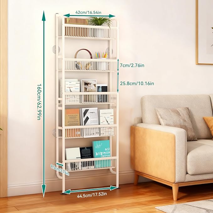 NECHEGE Slim Shelf Behind Door Storage Rack, 5-Tier Multi-Purpose Space-Saving Organizer for Bathroom, Kitchen, Living Room-Sturdy Metal Bookshelf for Narrow Spaces