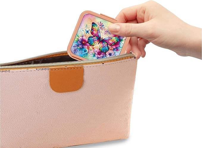 Compact Mirror, Handheld 2.8 inches Travel Makeup Mirror, 1X/2X Magnifying Square Pocket Makeup Mirror Rose Gold Butterfly