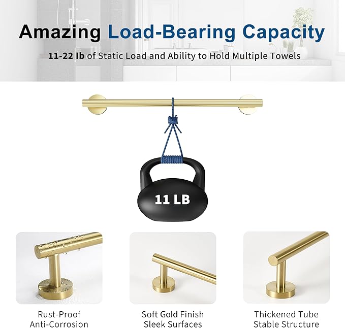 Brushed Gold Towel Bar, 18 Inch Towel Racks for Bathroom Wall Mounted, Thicken SUS304 Stainless Steel Heavy Duty Hand Towel Holder Organizer, Bathroom Accessories, Total Length 20.5 Inch
