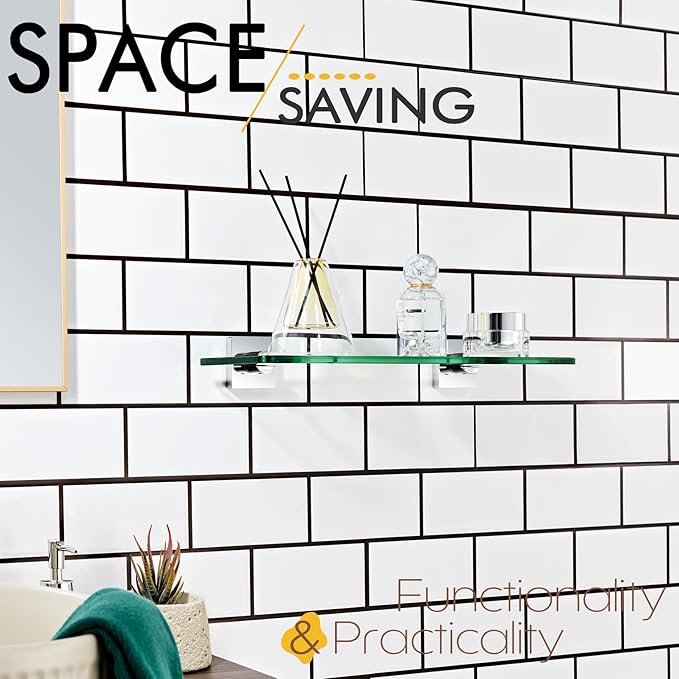 KOKOSIRI Floating Glass Shelf Bathroom Shelves Wall Mount 16-Inch Hanging Rack for Kitchen Shower Storage, 2 Pack Polished Stainless Steel B1107CH-L16-P2