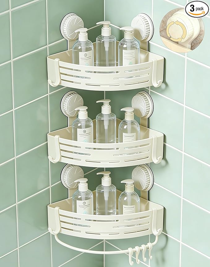 LOOCH 3 Pack Plastic Corner Shower Caddy with Twist-Lock Suction Cups & a Pre-Applied Adhesive Layer, The No-Drill Shower Organizer with Towel Bar & Drain Holes for Bathroom Storage & Decor(White)