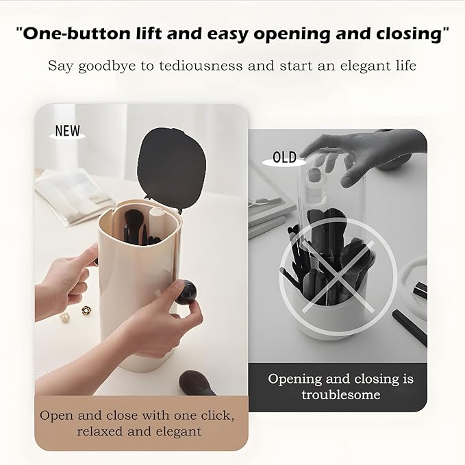 Atlodas Automatic Lifting Dustproof Four-compartment Makeup Brush Storage Tube, Makeup Brush Holder Organizer with Lid, Cosmetics Holders Storage for Vanity Desktop Bathroom (black)