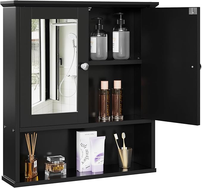 DL-win Medicine Cabinets with Mirror, Wall Mounted Bathroom Cabinet with Adjustable Shelves, Black Storage Organizer for Toiletries, Towels & Daily Essentials