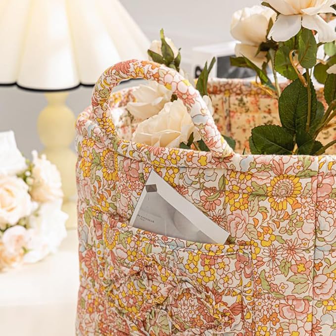 Quilted Fabric Storage Basket Boho Floral Laundry Hamper with Handle Foldable Floral Basket Organizer for Car Bedroom