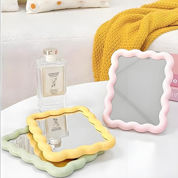4 Pack Table Vanity Makeup Mirror, Wave Shaped Desk Mirror with Stand, Small Portable Folding Mirrors, Tabletop Adjustable Travel Mirrors, Hanging Bathroom for Shaving, 4 Colors, 6.7" × 5.2"
