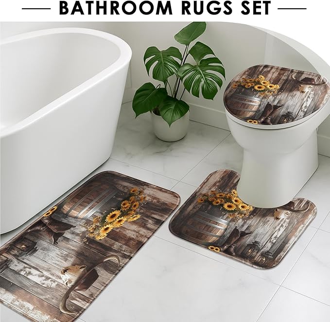 Western Cowboy Floral Shower Curtain Set with Toilet Lid Cover and Non-Slip Rugs, Farmhouse Barn Door Country 4 Pcs Shower Curtain with 12 Hooks, Rustic Bathroom Set with Rugs and Accessories