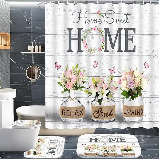 ALEXEX 4 PCS Pink Roses and Lilies Shower Curtain Sets,Home Sweet Bathroom Set with Shower Curtain and Rugs and Accessories,Farmhouse Country Shower Curtain Bathroom Decor with 12 Hooks,72 X 72 Inches