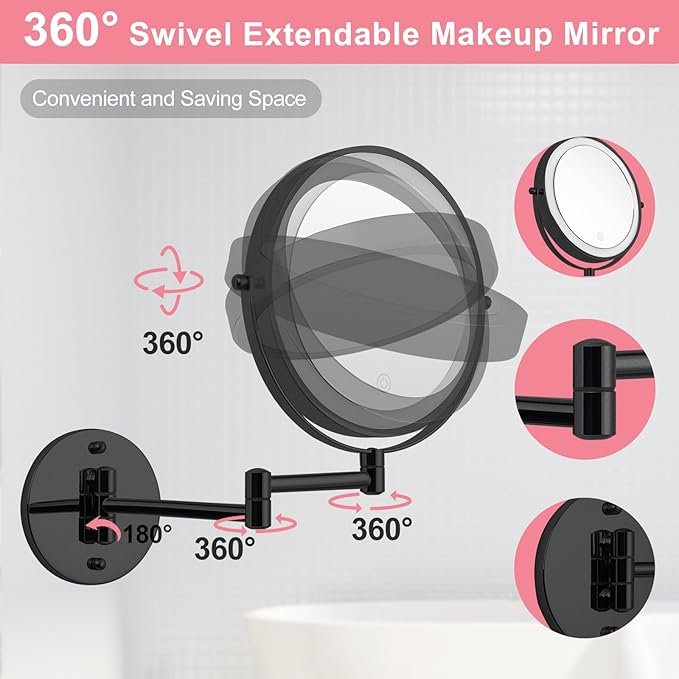 Wall Mounted Lighted Vanity Mirror, 8" Double Sided 1X/10X Magnifying Shaving Mirror with 3 Color Lighting, Rechargeable 2000mAh Battery, Extendable Arm for Makeup, Grooming, Bathroom, Black