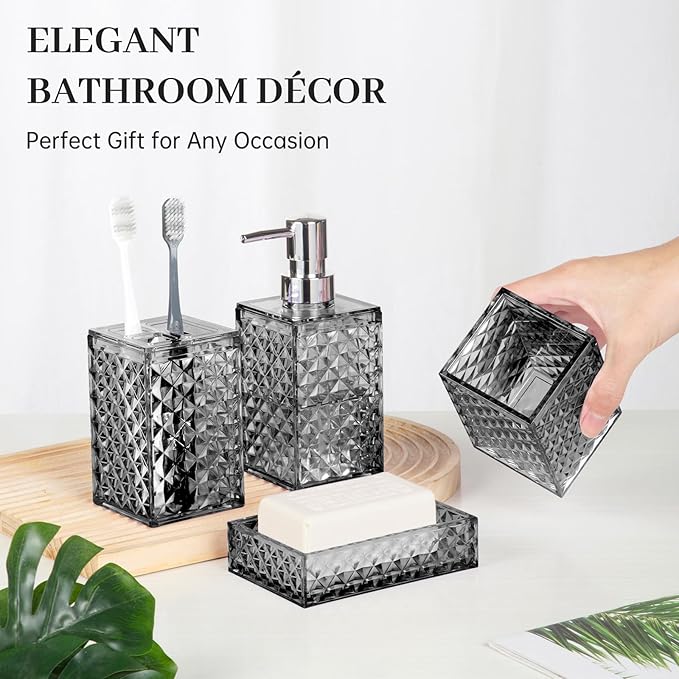 Bathroom Accessory Set, Grid Pattern 4 Pcs Plastic Bathroom Set Include Soap Dispenser, Soap Dish, Toothbrush Holder, Mousewash Cup, Modern Bahtroom D??cor Set, Space Save for Bathroom((Grey)