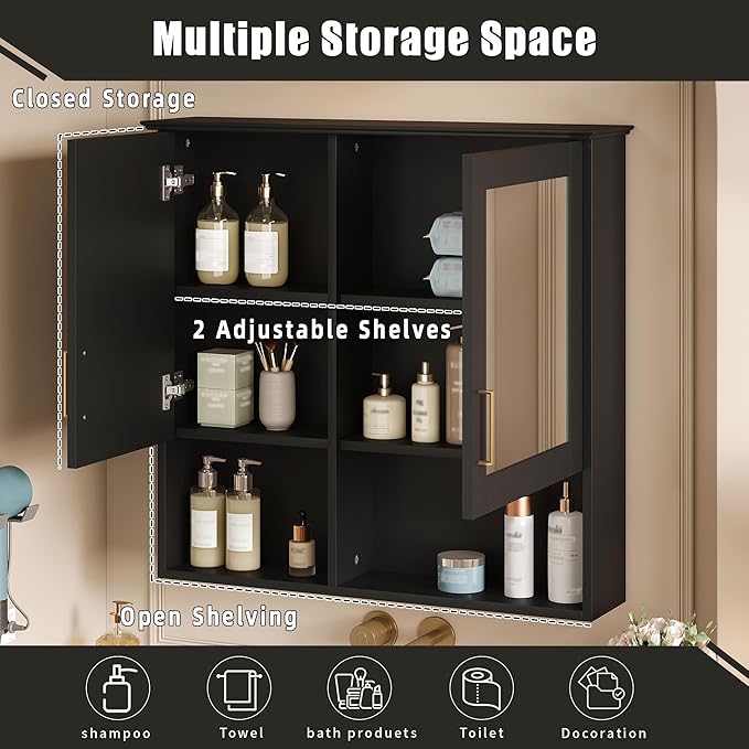 Bathroom Mirror Cabinet, 30 inch Wall Mounted with Adjustable Shelves & Soft Close Doors, High-Define Mirror with Storage