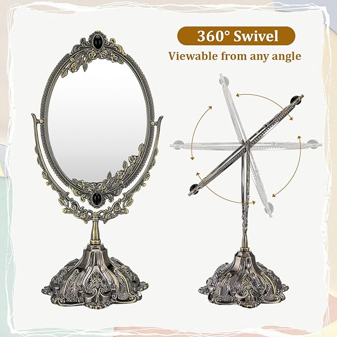 Vintage Double Side Makeup Mirror Floral Tabletop Oval Vanity Swivel Double-Sided-Mirror Vintage Swivel Double Sided Cosmetic Mirror with Stand for Dressing Room Bedroom (Bronze)