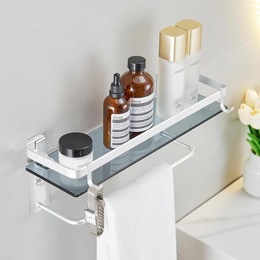 VOLPONE Glass Bathroom Shelf 15.7 in Bathroom Wall Shelf with Towel Holder Tempered Glass Shelf Wall Mount with 2 Removable Hooks Silver（1 Tier）