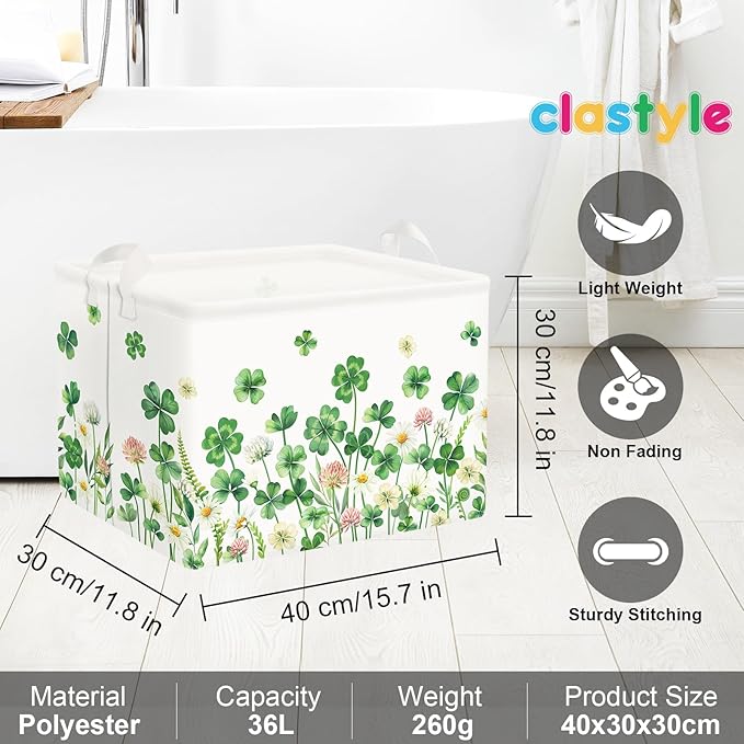 Clastyle Floral Saint Patrick's Day Storage Basket Shamrock Clover Clothes Book Toy Shelf Basket Kid Room Decor Gift Storage Bin Organizer,Four Leaf Clover,40x30x30 cm