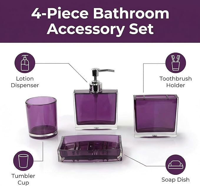 Bathroom Accessories Set, Acrylic Bathroom Accessory Set with Soap Dispenser,Soap Dish, Toothbrush Holder, Tumbler, Modern Bathroom Accessories Decor,Gift for Home (Purple-4)