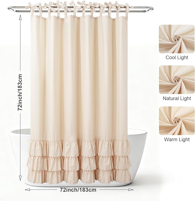 Adjustable Bow-Tie Top Beige Ruffle Shower Curtain for Girls Women, Delicate Fabric Shower Curtain with Handcrafted Ruffles and Small Holes, Waterproof Ruched Farmhouse Bathroom Curtain, 72"W x 72"H