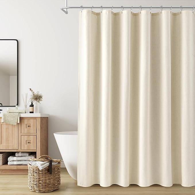 Naturoom Warm Beige Linen Shower Curtain, Country Boho Farmhouse Bath Decor Shower Curtains Neutral Cloth Weighted Textured Fabric Bath Curtain Liner with Hooks, 72x84