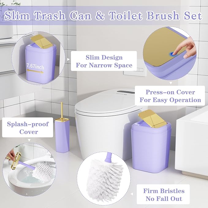 Bathroom Set — Bathroom Accessories Set, 11PC Bathroom Accessory Set, Purple Bathroom Set with Push-lid Trash Can, 3PC Soap Dispensers, Toilet Brush & Qtip Holders