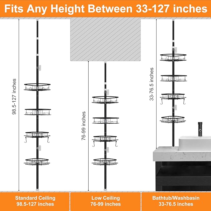 DUFU Corner Shower Caddy Tension Pole, Shower Tension Rod Organizer, 4-Tier Adjustable Floor to Ceiling Shower Caddy 33-127inch, No Drilling Shower Shelf for Inside (Black)