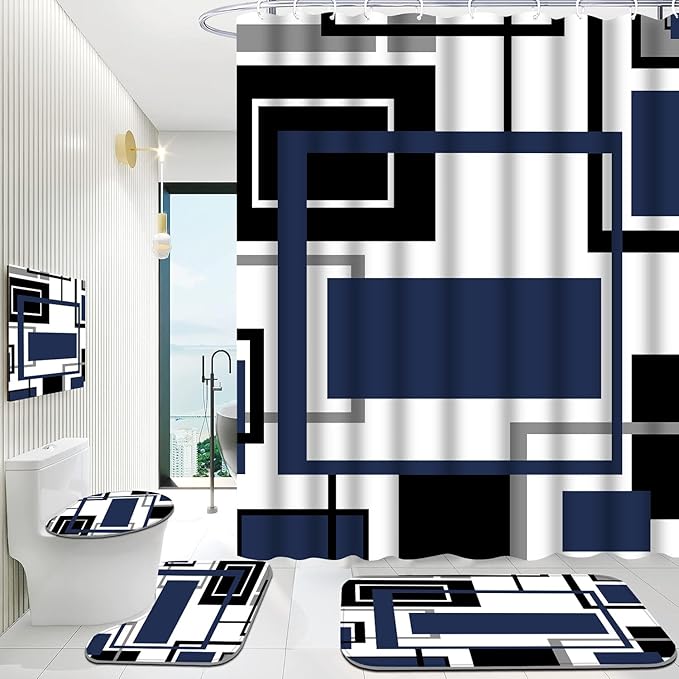 Onalasyc 4Pcs Blue Geometric Shower Curtain with Rugs Set Waterproof Blue Bathroom Sets with Shower Curtain and Rugs Abstract Geometric Modern Bathroom Curtains Shower Set with 12 pcs Hooks