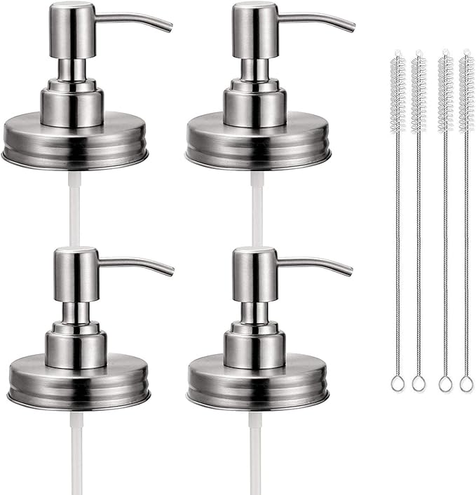 4 Pack Mason Jar Soap Dispenser Lids with Pumps, Rustproof Stainless Steel, Lotion Soap Dispenser Lids Replacement for 16 oz Regular Mouth Mason Jar Decor, 4 Brushes Included Silver