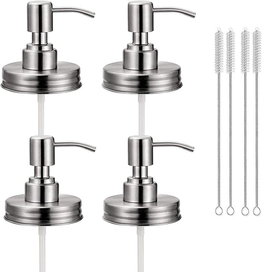 4 Pack Mason Jar Soap Dispenser Lids with Pumps, Rustproof Stainless Steel, Lotion Soap Dispenser Lids Replacement for 16 oz Regular Mouth Mason Jar Decor, 4 Brushes Included Silver