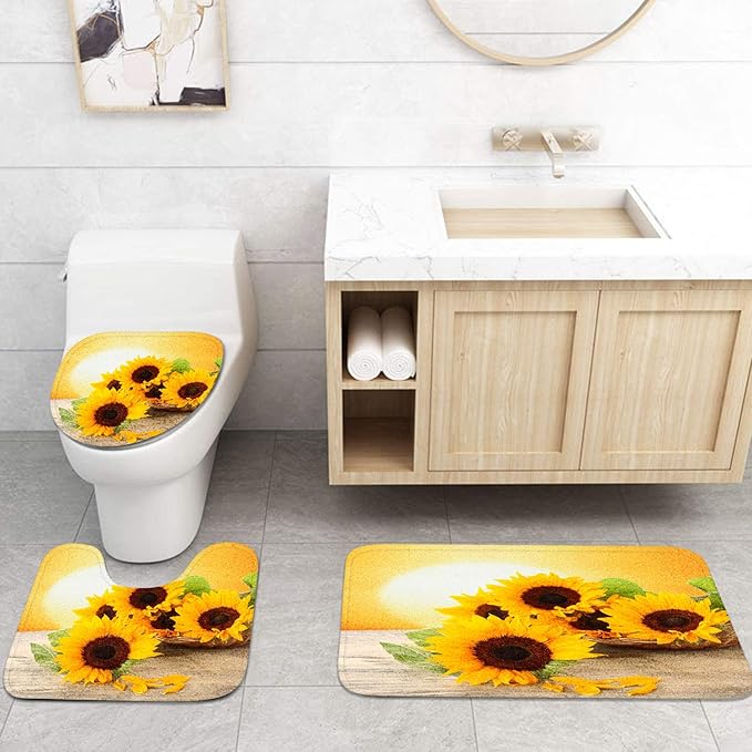 Britimes 4 Piece Shower Curtain Sets, with 12 Hooks, Summer Sun Sunflower with Non-Slip Rugs, Toilet Lid Cover and Bath Mat for Bathroom Decor Set, 72" x 72"