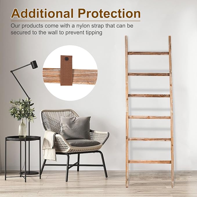 RANXFLOAT 6-Tier Blanket Ladder Wooden, Blanket Quilt Towel Holder Rack Decorative Ladder, Rustic Farmhouse Ladder Shelf for The Living Room Bedroom Home Decor Carbonized Wood 24 Inch
