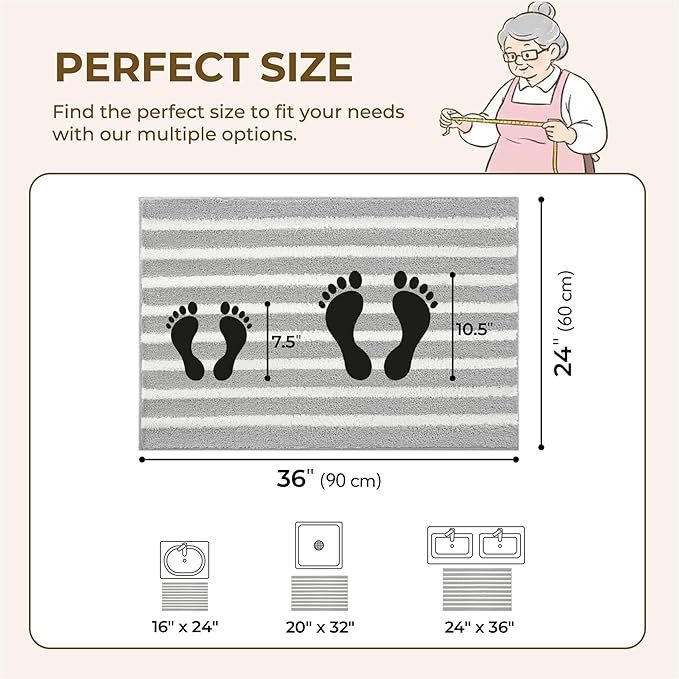 GRANNY SAYS Striped Bathroom Rugs Non Slip, 24" x 36", Bath Rugs for Bathroom Washable, Bath Mats for Floor, Microfiber Bath Mat for Tub, Absorbent Bath Rugs for Shower Room, Grey