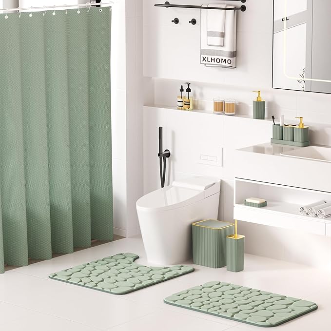 XLHOMO Bathroom Accessories Set - 25PC Sage Green Bathroom Set, Bathroom Set with Shower Curtain and Rugs, Sage Green Shower Curtain Set, Bathroom Accessory Set, Trash Can & Soap Dispenser