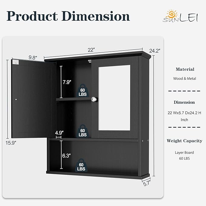 DL-win Medicine Cabinets with Mirror, Wall Mounted Bathroom Cabinet with Adjustable Shelves, Black Storage Organizer for Toiletries, Towels & Daily Essentials