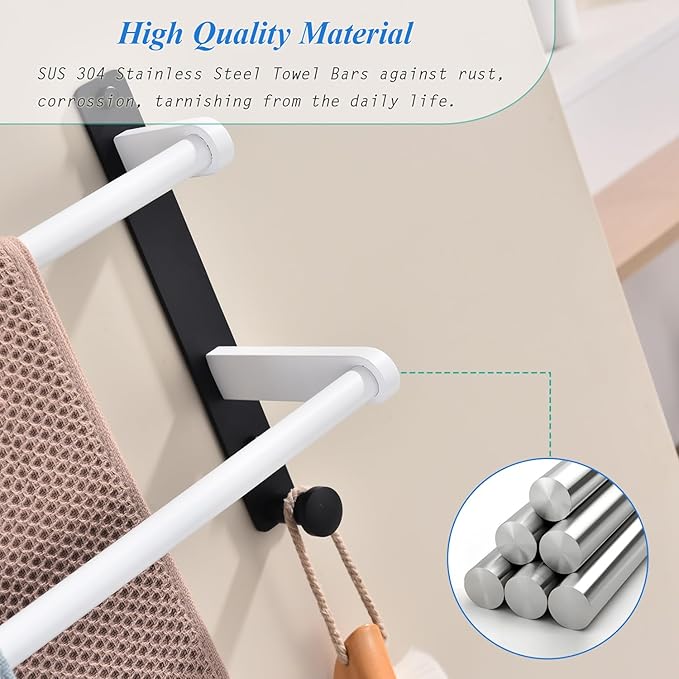 Double Towel Bar with Hooks for Bathroom Wall - 30" Double Layer Stainless Steel Towel Holder Rack, Heavy Duty Long Towel Hanger, White & Black