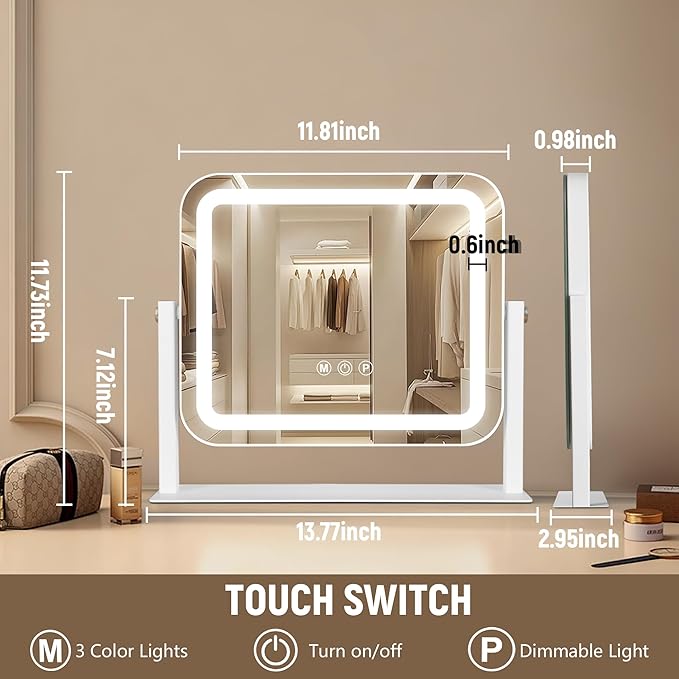 Ratsamee Vanity Mirror with Lights 14"×12", Led Makeup Mirror, Lighted Makeup Mirror with 3 Color Dimmable Lights, Smart Touch Screen Control, 360°Rotation