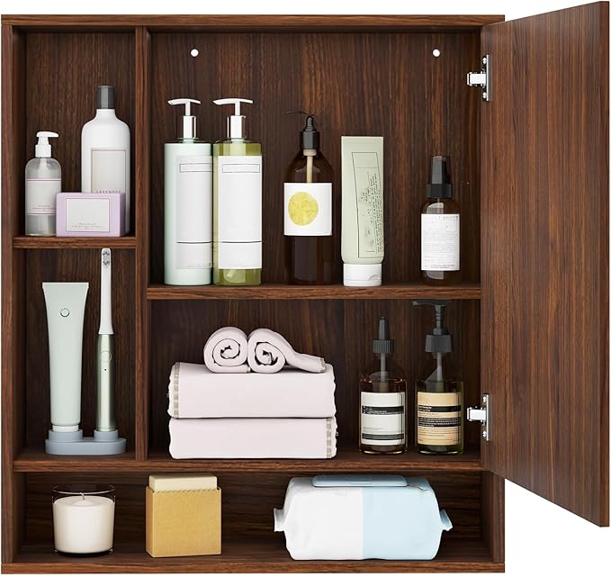 Giantex Bathroom Medicine Cabinet with Mirror, Wall Mounted Medicine Cabinet w/Single Door, 3 Open Shelves & Adjustable Shelf, Space-Saving Hanging Storage Cabinet for Living Room, Hallway (Walnut)