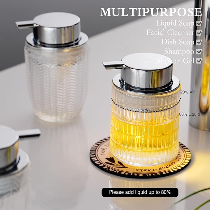 CICUFY Foaming Hand Soap Dispenser, Glass Foam Soap Dispenser or Lotion Dispenser for Kitchen & Bathroom Refillable Liquid Soap Dispenser with Large Silver Pump(Striped Pattern-Clear)