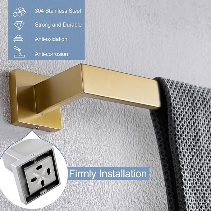 TQKAG Single Towel Bar Brushed Gold 23.6 Inch Bathroom Towel Holder Rail Stainless Steel Wall Mounted Bath Towel Hanger.